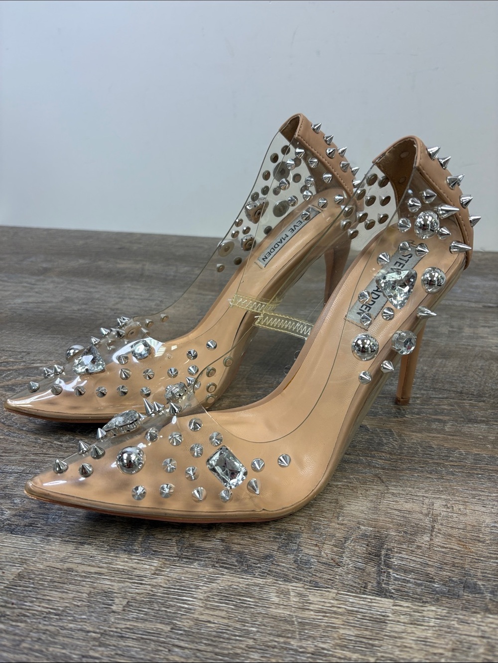 Steve Madden Nomah Rhinestone Studded Clear PVC Pointed Toe Pumps Nude Size 10